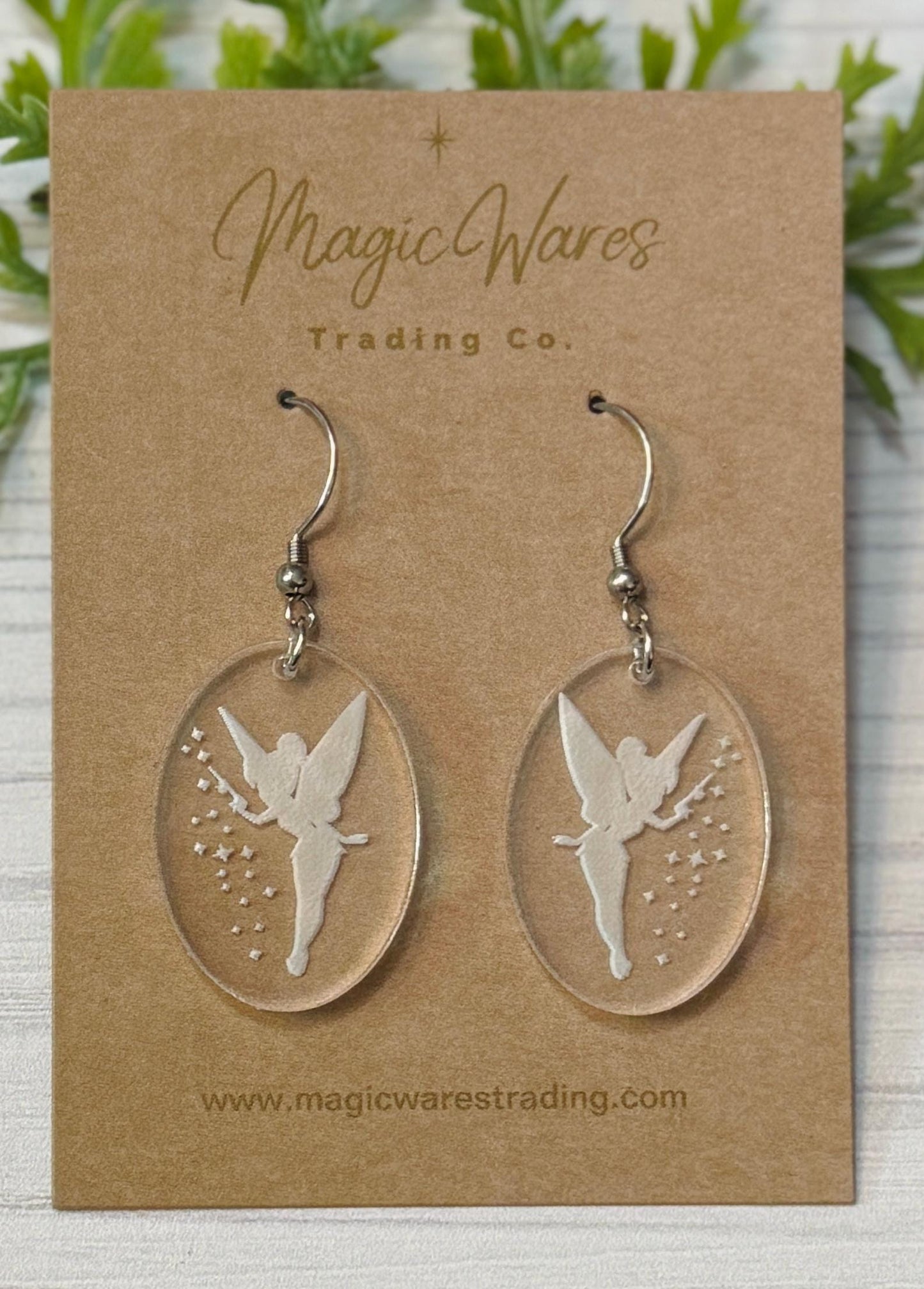 Engraved Fairy Tink inspired Dangle Earrings, Clear acrylic engraved Fairy earrings, Tinkerbell inspired earrings, Pixie Hollow earrings
