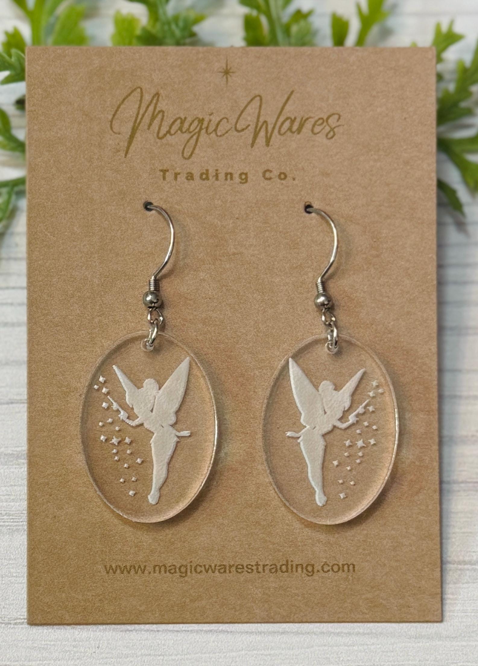 Engraved Fairy Tink inspired Dangle Earrings, Clear acrylic engraved Fairy earrings, Tinkerbell inspired earrings, Pixie Hollow earrings