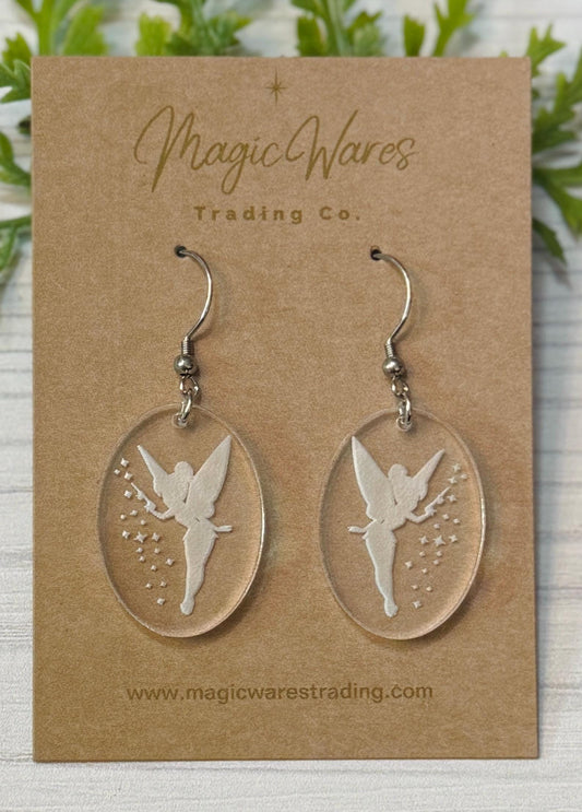 Engraved Fairy Tink inspired Dangle Earrings, Clear acrylic engraved Fairy earrings, Tinkerbell inspired earrings, Pixie Hollow earrings