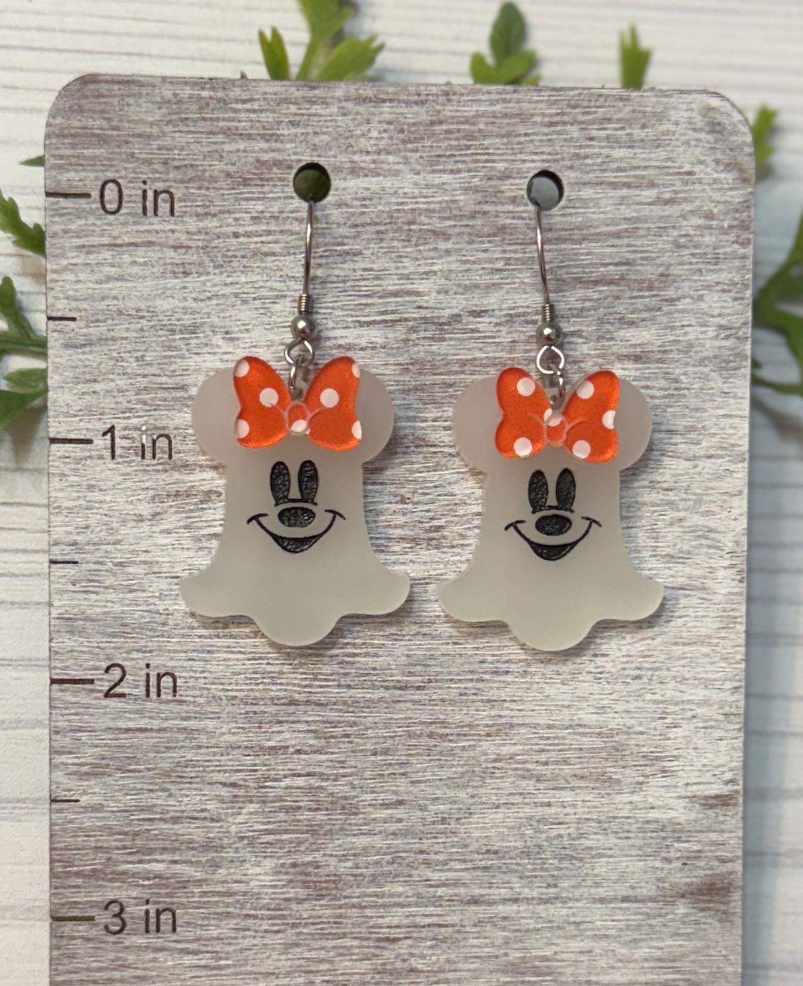 Glow in the Dark Mouse Ghost Dangle Earring, Orange or Black Polka Dot Bow, Halloween Earrings, Not so Scary Halloween party earrings