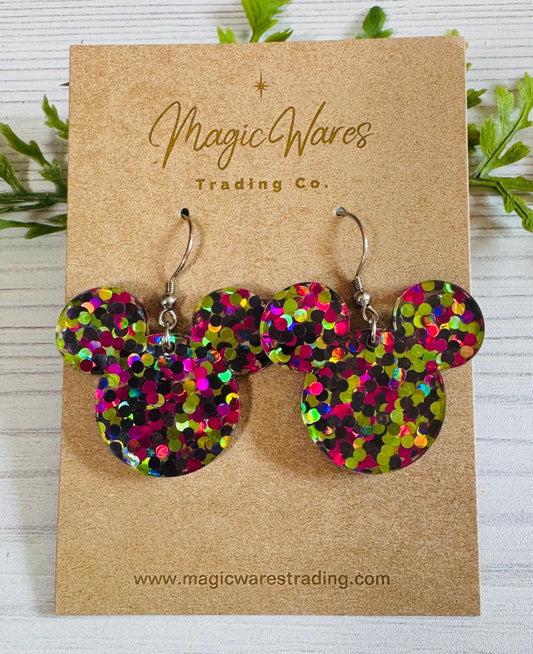 Villians Glitter Mouse head shaped Dangle Earrings, Pink Green and Black Glitter Acrylic Earrings, Halloween Glitter earrings