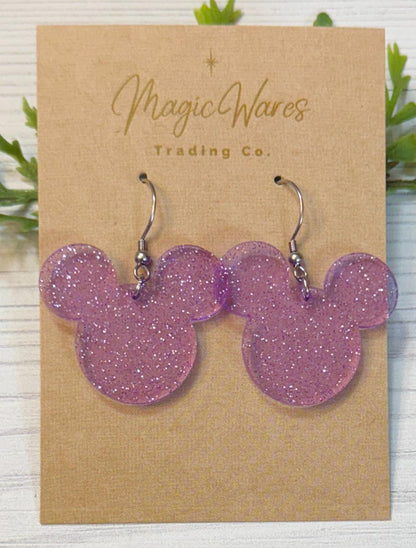 Purple Jelly Glitter Mouse head Dangle Earrings, Laser cut translucent Purple Glitter Acrylic Earrings, Glitter earrings
