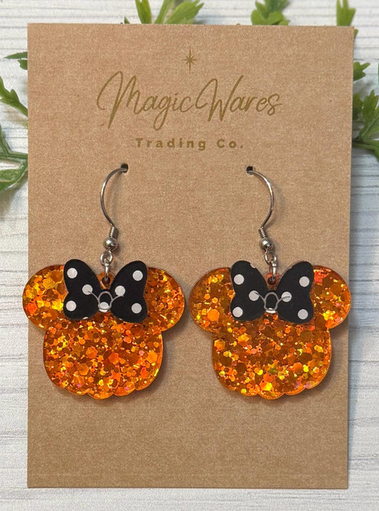 Pumpkin Sparkle Mouse Dangle Earrings, Black Polka Dot Bow Earrings, Orange Glitter Lightweight Acrylic Earrings, Halloween Pumpkin Earrings