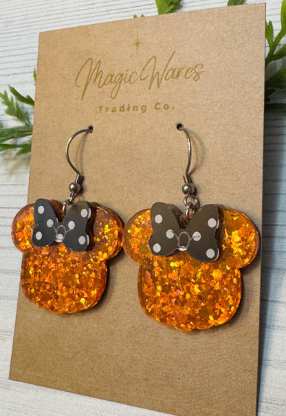 Pumpkin Sparkle Mouse Dangle Earrings, Black Polka Dot Bow Earrings, Orange Glitter Lightweight Acrylic Earrings, Halloween Pumpkin Earrings
