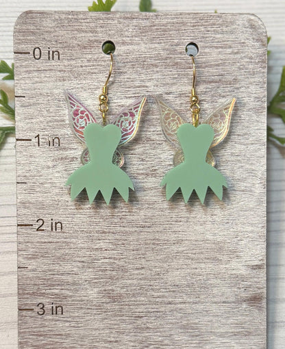 Fairy Dress Dangle Earrings, Iridescent acrylic engraved Fairy Wing earrings, Tinker Bell inspired earrings, Pixie Hollow earrings