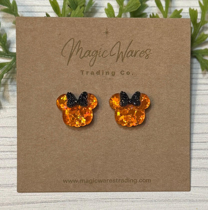 Pumpkin Sparkle Mouse Stud Earrings, Black or White Glitter Bow Pumpkin Sparkle Glitter acrylic, Halloween Pumpkin Stud Mouse Earrings