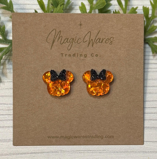 Pumpkin Sparkle Mouse Stud Earrings, Black or White Glitter Bow Pumpkin Sparkle Glitter acrylic, Halloween Pumpkin Stud Mouse Earrings
