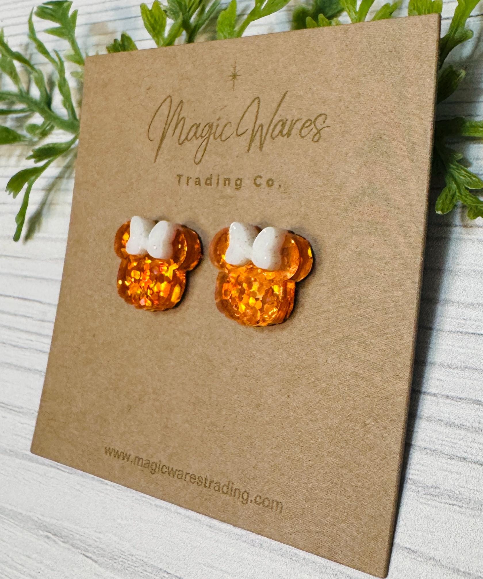 Pumpkin Sparkle Mouse Stud Earrings, Black or White Glitter Bow Pumpkin Sparkle Glitter acrylic, Halloween Pumpkin Stud Mouse Earrings