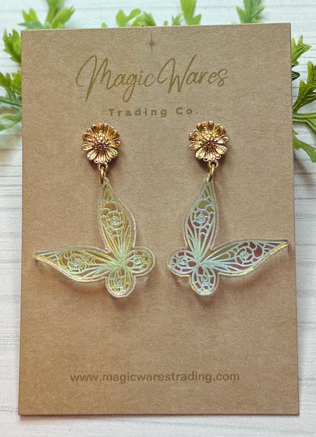 Fairy Wings Dangle Post Earrings, Iridescent acrylic engraved Fairy Wing earrings, Tinker Bell inspired earrings, Flower Stud earrings