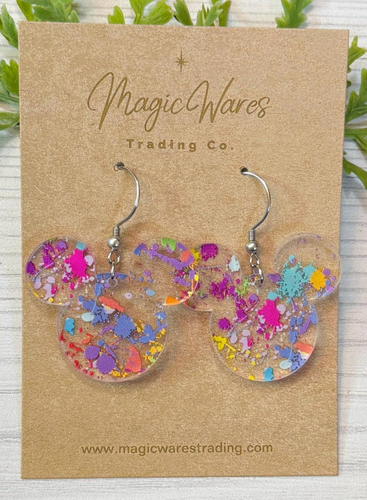 Paint Splatter Festival of the Arts Inspired Mouse head Dangle, Paint splatter Pattern on Crystal Acrylic, Lightweight Acrylic Earrings