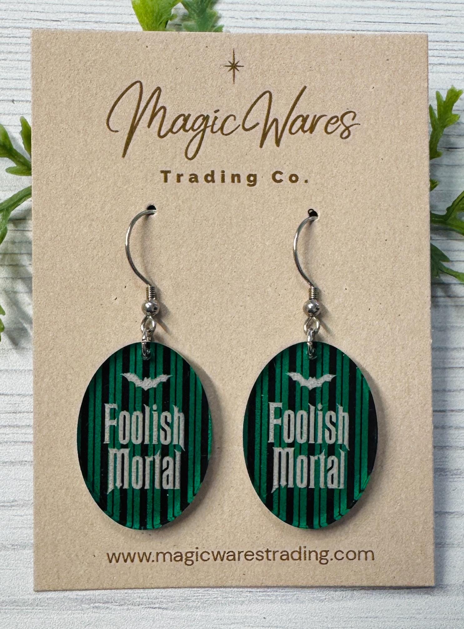 Foolish Mortal Dangle Earrings, Clear acrylic with Ghost Host striped Pattern, Haunted Mansion Earrings, Halloween Earrings