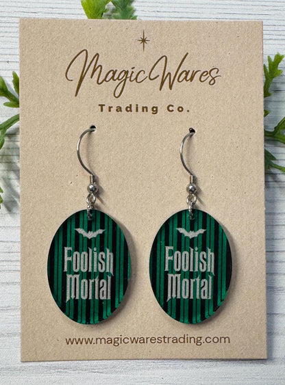 Foolish Mortal Dangle Earrings, Clear acrylic with Ghost Host striped Pattern, Haunted Mansion Earrings, Halloween Earrings