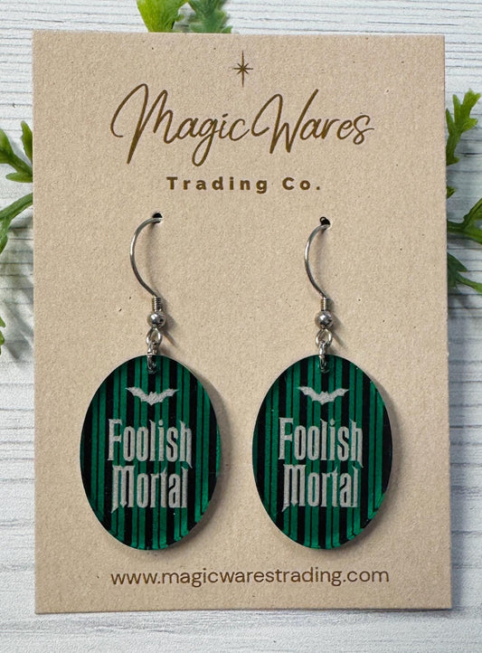 Foolish Mortal Dangle Earrings, Clear acrylic with Ghost Host striped Pattern, Haunted Mansion Earrings, Halloween Earrings