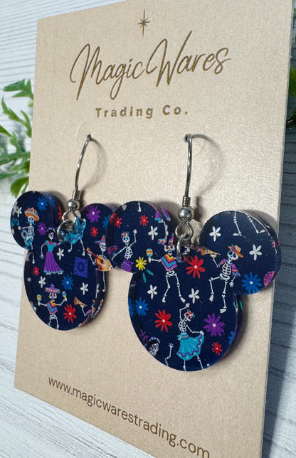 Skeleton Fiesta Mouse head Dangles, Coco inspired Laser cut Acrylic Dangle Earrings, Dia de Los Muertos Celebration Earrings