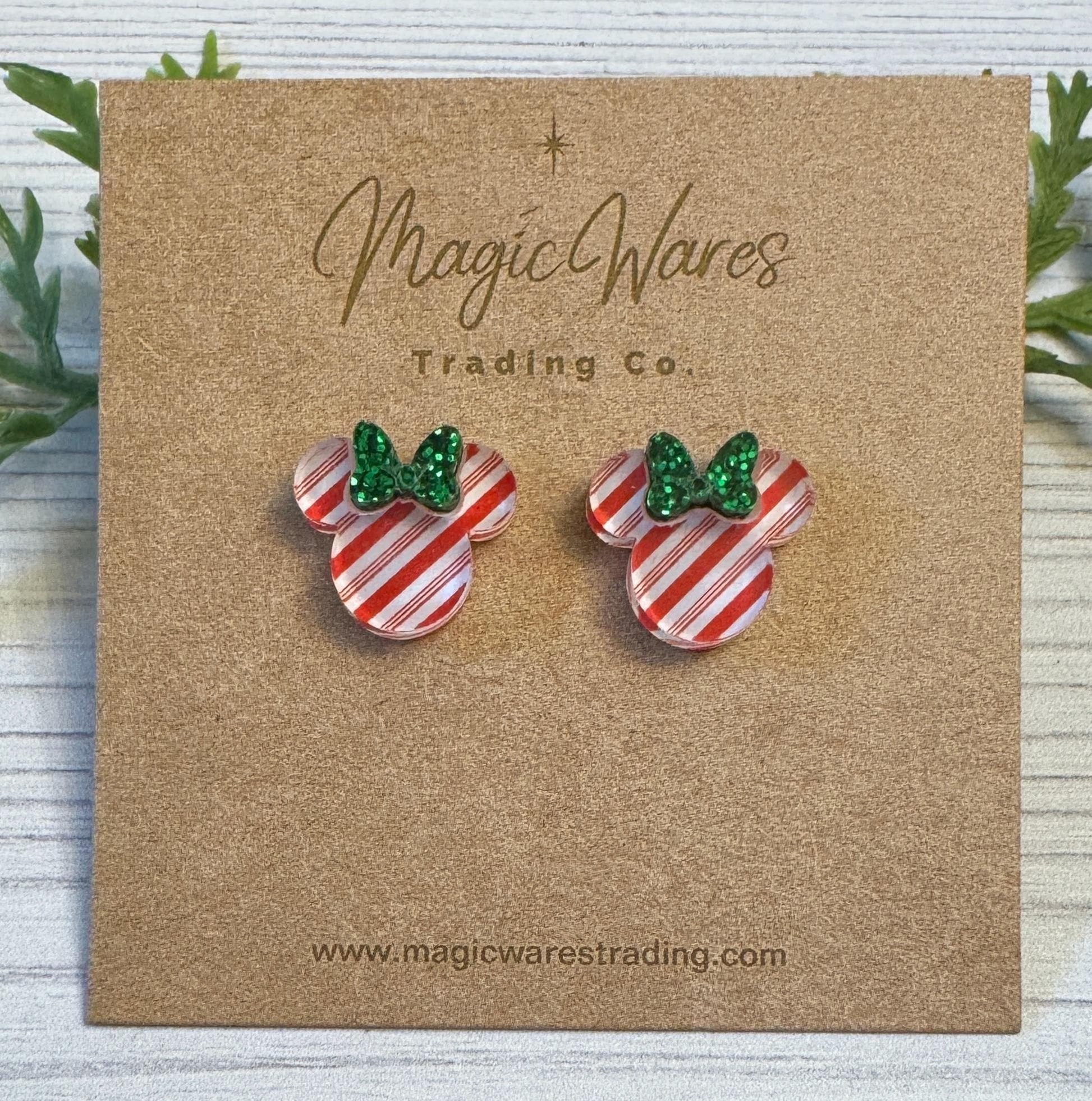 Candy Stripe Stud Earrings with Green Glitter Bow, Mouse Head Glitter Bow Studs, Candy Cane Stripe Earrings, Clip ons available