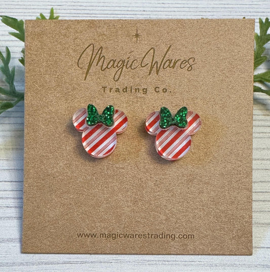 Candy Stripe Stud Earrings with Green Glitter Bow, Mouse Head Glitter Bow Studs, Candy Cane Stripe Earrings, Clip ons available