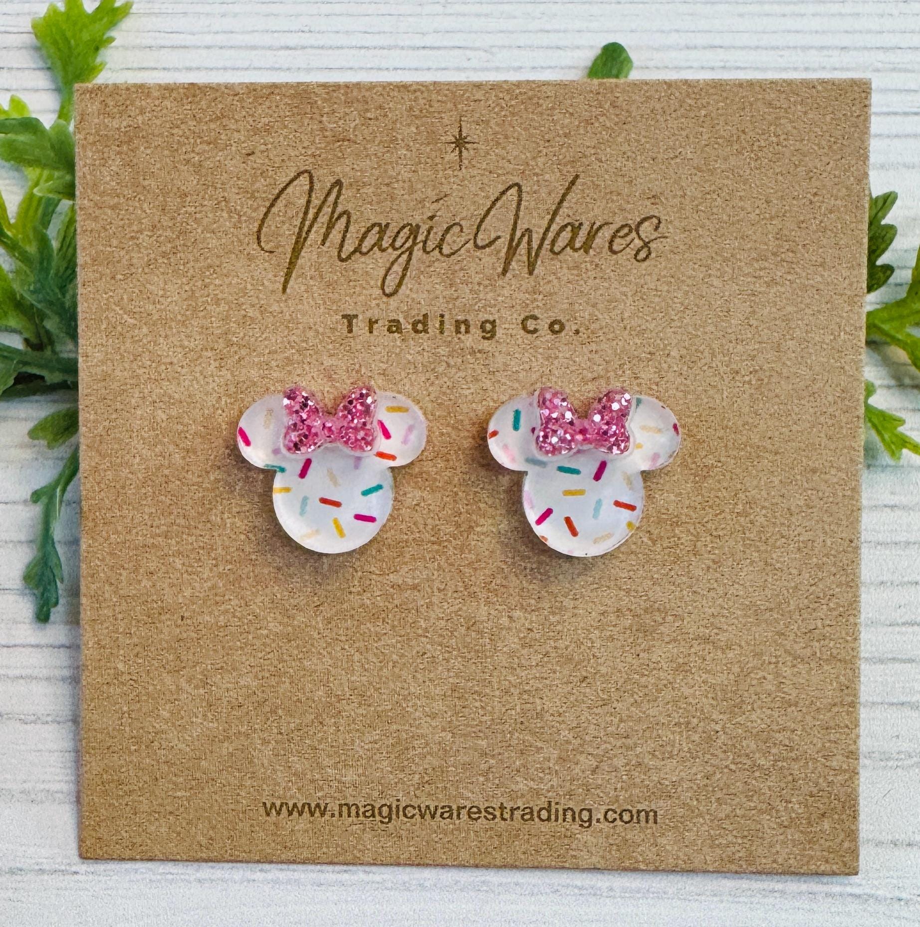White Sprinkles Mouse head Stud Earrings with Pink Glitter Bow, Mouse Head Glitter Bow Studs, Birthday Earrings, Clip ons available