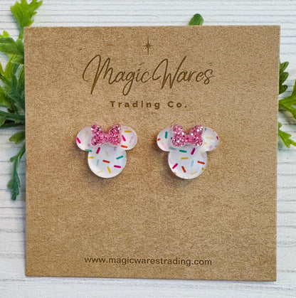 White Sprinkles Mouse head Stud Earrings with Pink Glitter Bow, Mouse Head Glitter Bow Studs, Birthday Earrings, Clip ons available