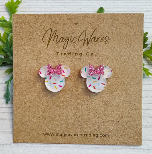 White Sprinkles Mouse head Stud Earrings with Pink Glitter Bow, Mouse Head Glitter Bow Studs, Birthday Earrings, Clip ons available