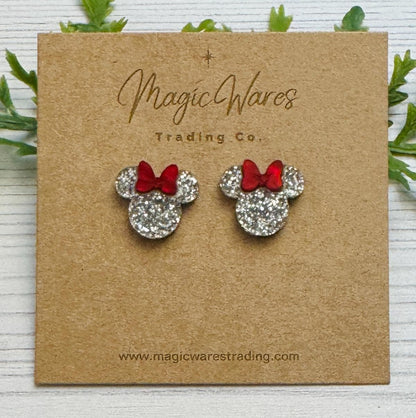 Silver Glitter Stud Earrings with Red Marble Bow, Mouse Head Bow Studs, Minnie inspired Post Earrings, Clip ons available