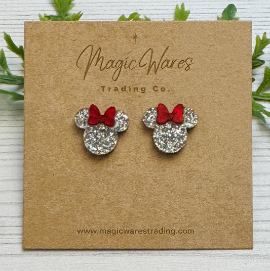 Silver Glitter Stud Earrings with Red Marble Bow, Mouse Head Bow Studs, Minnie inspired Post Earrings, Clip ons available