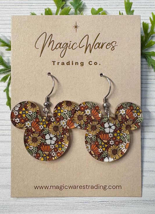 70s Floral Mouse Head Dangle Earrings, Laser Cut Acrylic Dangle Earrings, Retro Floral patterned Earrings, Dangle Earrings