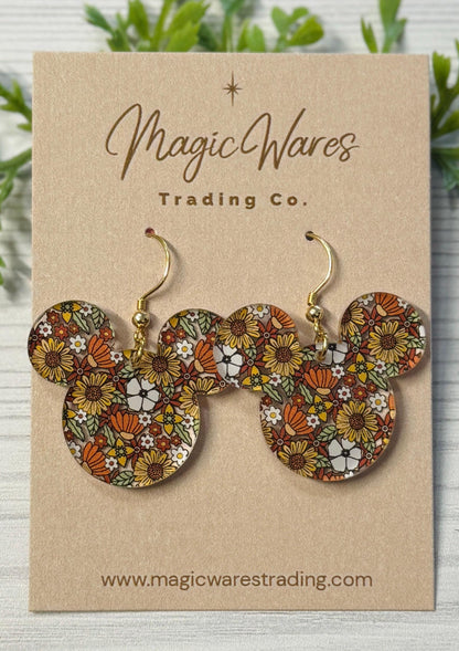 70s Floral Mouse Head Dangle Earrings, Laser Cut Acrylic Dangle Earrings, Retro Floral patterned Earrings, Dangle Earrings