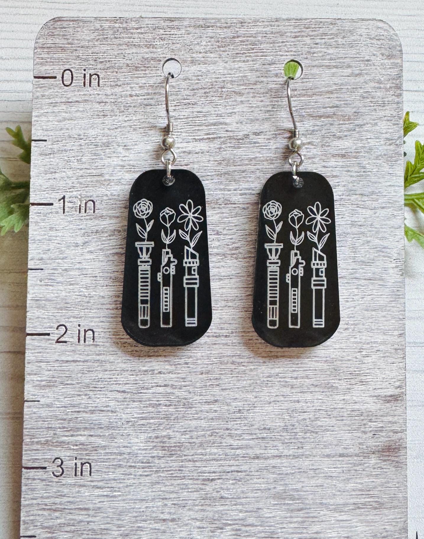 Floral Lightsabers Dangle Earrings, Laser Engraved Acrylic Dangle Earrings, Black engraved Lightsaber acrylic earrings, Star Wars inspired