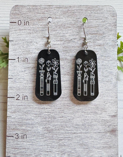 Floral Lightsabers Dangle Earrings, Laser Engraved Acrylic Dangle Earrings, Black engraved Lightsaber acrylic earrings, Star Wars inspired