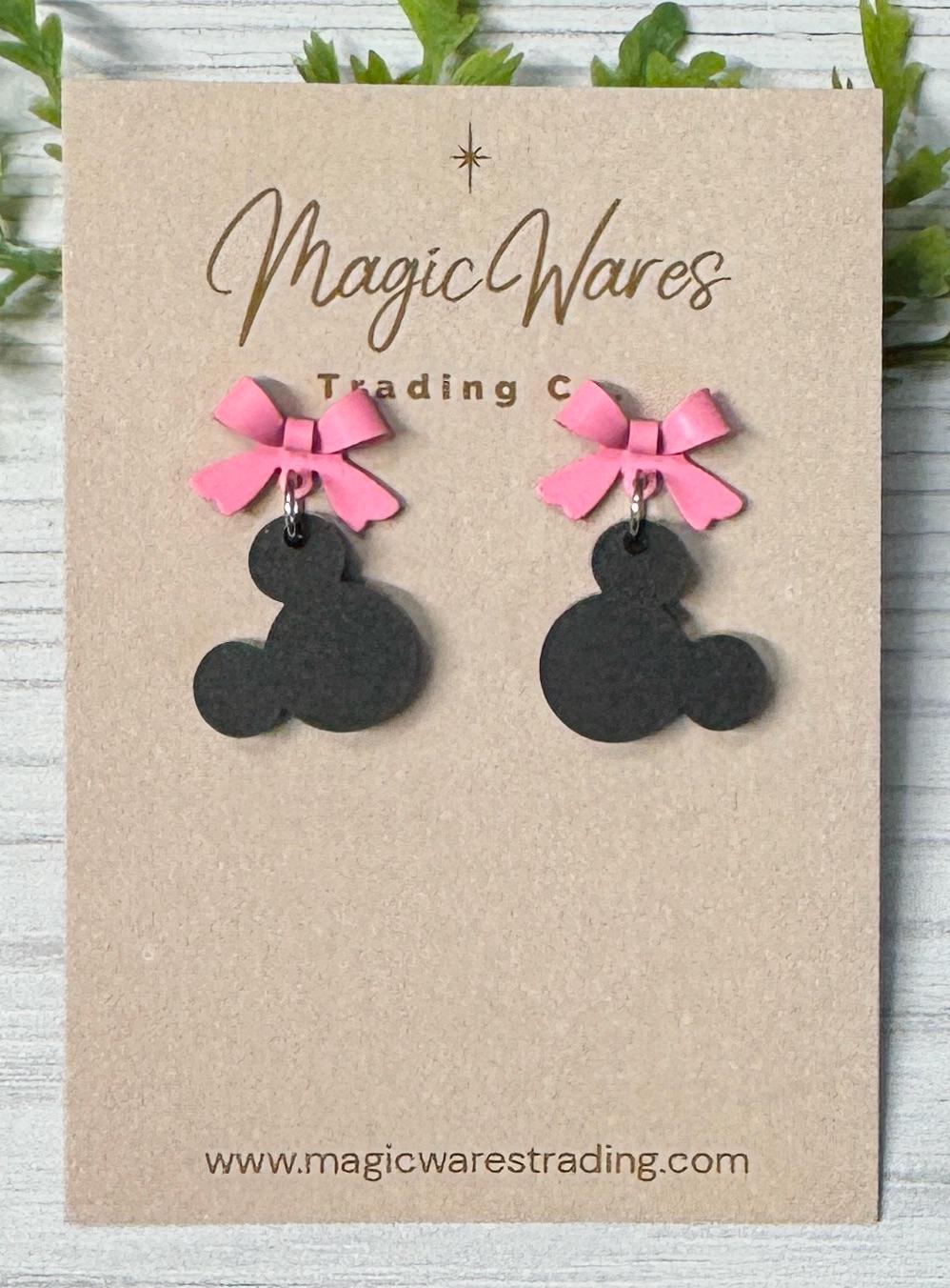 Bright Pink Bow with Black Mouse Head Dangle Earrings, Laser Cut Acrylic and Stainless Steel Stud Earrings, Minnie inspired earrings