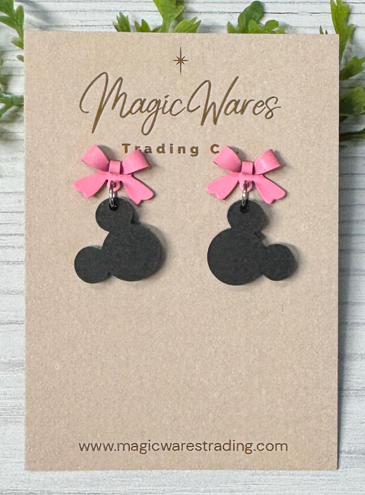 Bright Pink Bow with Black Mouse Head Dangle Earrings, Laser Cut Acrylic and Stainless Steel Stud Earrings, Minnie inspired earrings