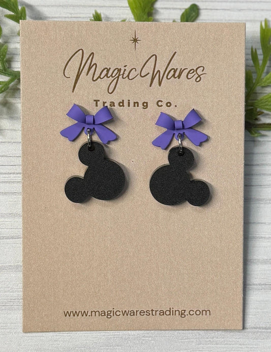 Purple Bow with Black Mouse Head Dangle Earrings, Laser Cut Acrylic and Stainless Steel Stud Earrings, Minnie inspired earrings