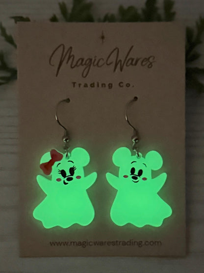 Cute Ghost Mouse Dangle Earrings, Choose Glow in the Dark or White Acrylic Earrings, Minnie Ghost Earrings, Halloween party earrings