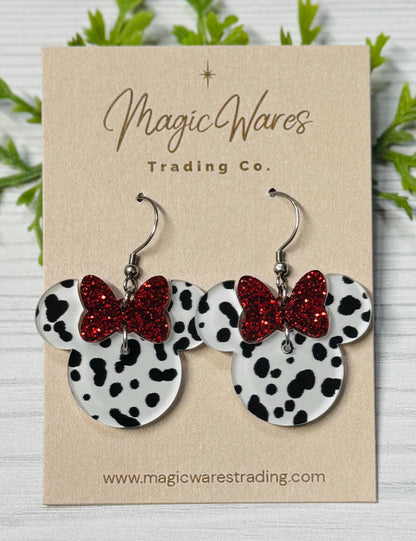 Dalmatian Minnie Bow Dangle Earrings, Laser cut White and Black Dalmatian Spotted Acrylic Earrings, 101 Dalmatians Cruella inspired earrings