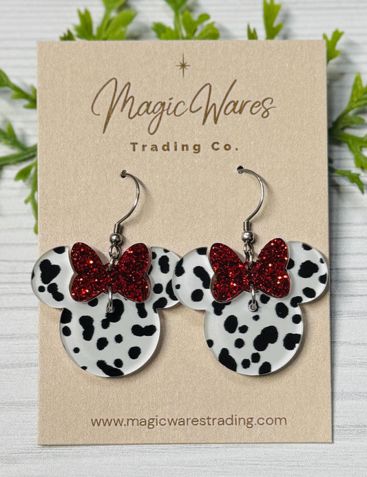 Dalmatian Minnie Bow Dangle Earrings, Laser cut White and Black Dalmatian Spotted Acrylic Earrings, 101 Dalmatians Cruella inspired earrings