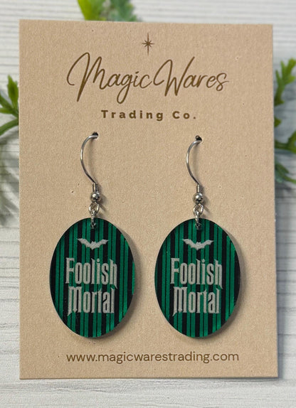 Foolish Mortal Dangle Earrings, Clear acrylic with Ghost Host striped Pattern, Haunted Mansion Earrings, Halloween Earrings