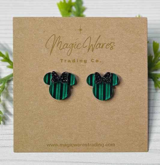 Ghost Host Striped Stud Earrings with Black Glitter Bow, Mouse Head Black Glitter Bow Studs, Haunted Mansion inspired, Clip ons available