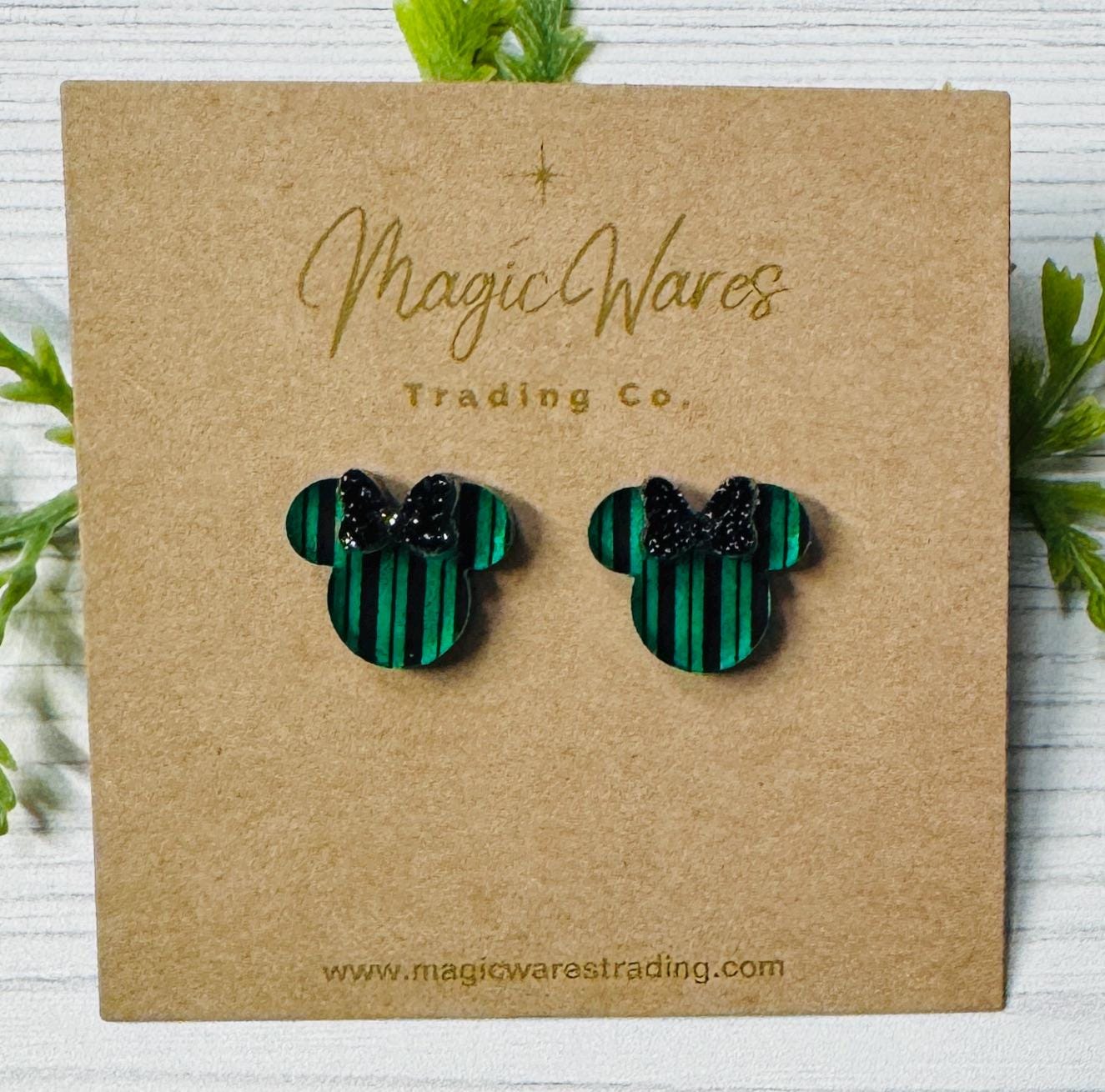 Ghost Host Striped Stud Earrings with Black Glitter Bow, Mouse Head Black Glitter Bow Studs, Haunted Mansion inspired, Clip ons available