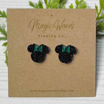 Black Glitter Mouse head Stud Earrings with Striped Bow, Ghost Host Green and Black striped bow Stud earrings, Clip ons available