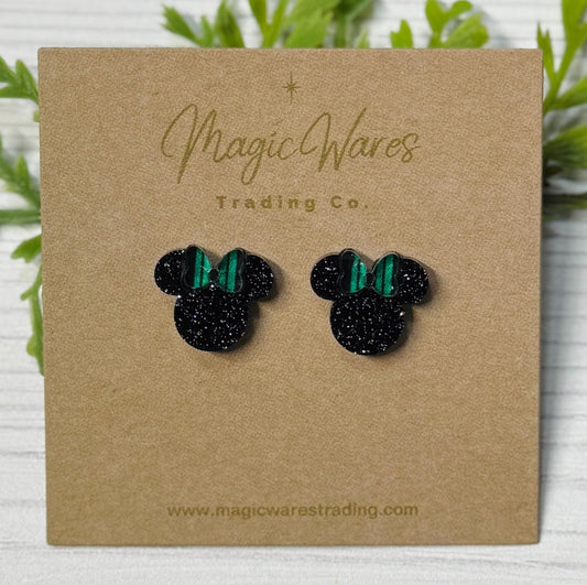 Black Glitter Mouse head Stud Earrings with Striped Bow, Ghost Host Green and Black striped bow Stud earrings, Clip ons available