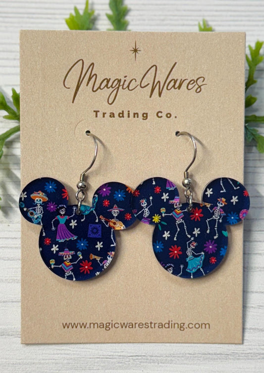 Skeleton Fiesta Mouse head Dangles, Coco inspired Laser cut Acrylic Dangle Earrings, Dia de Los Muertos Celebration Earrings