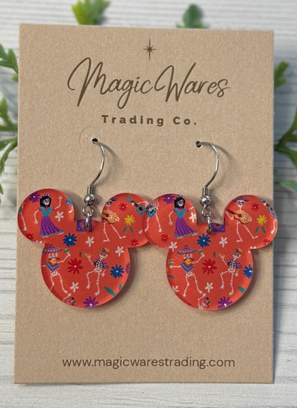 Skeleton Fiesta Mouse head Dangles, Coco inspired Laser cut Acrylic Dangle Earrings, Dia de Los Muertos Celebration Earrings