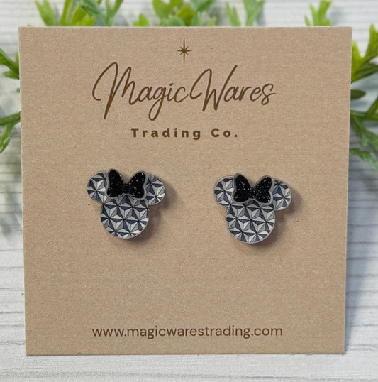 Spaceship Geometric Stud Earrings with Black Glitter Bow, Mouse Head Black Glitter Bow Studs, Epcot inspired Earrings, Clip ons available