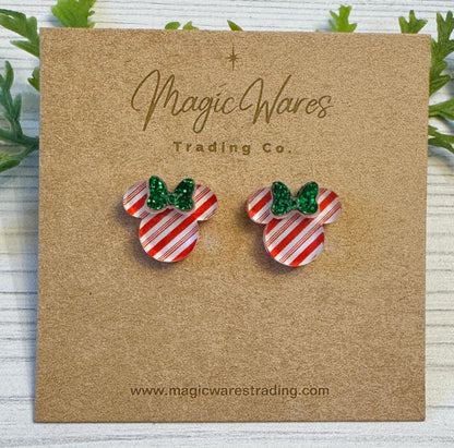 Candy Stripe Stud Earrings with Green Glitter Bow, Mouse Head Glitter Bow Studs, Candy Cane Stripe Earrings, Clip ons available