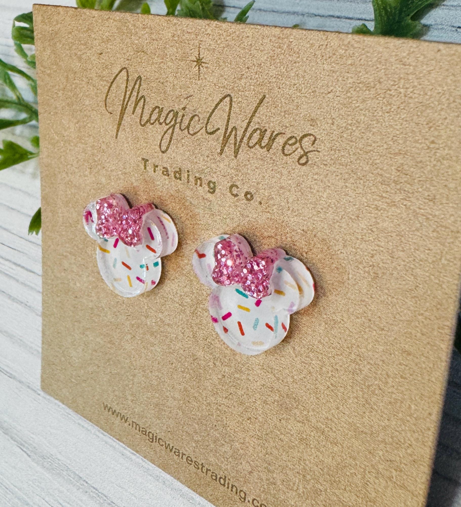 White Sprinkles Mouse head Stud Earrings with Pink Glitter Bow, Mouse Head Glitter Bow Studs, Birthday Earrings, Clip ons available