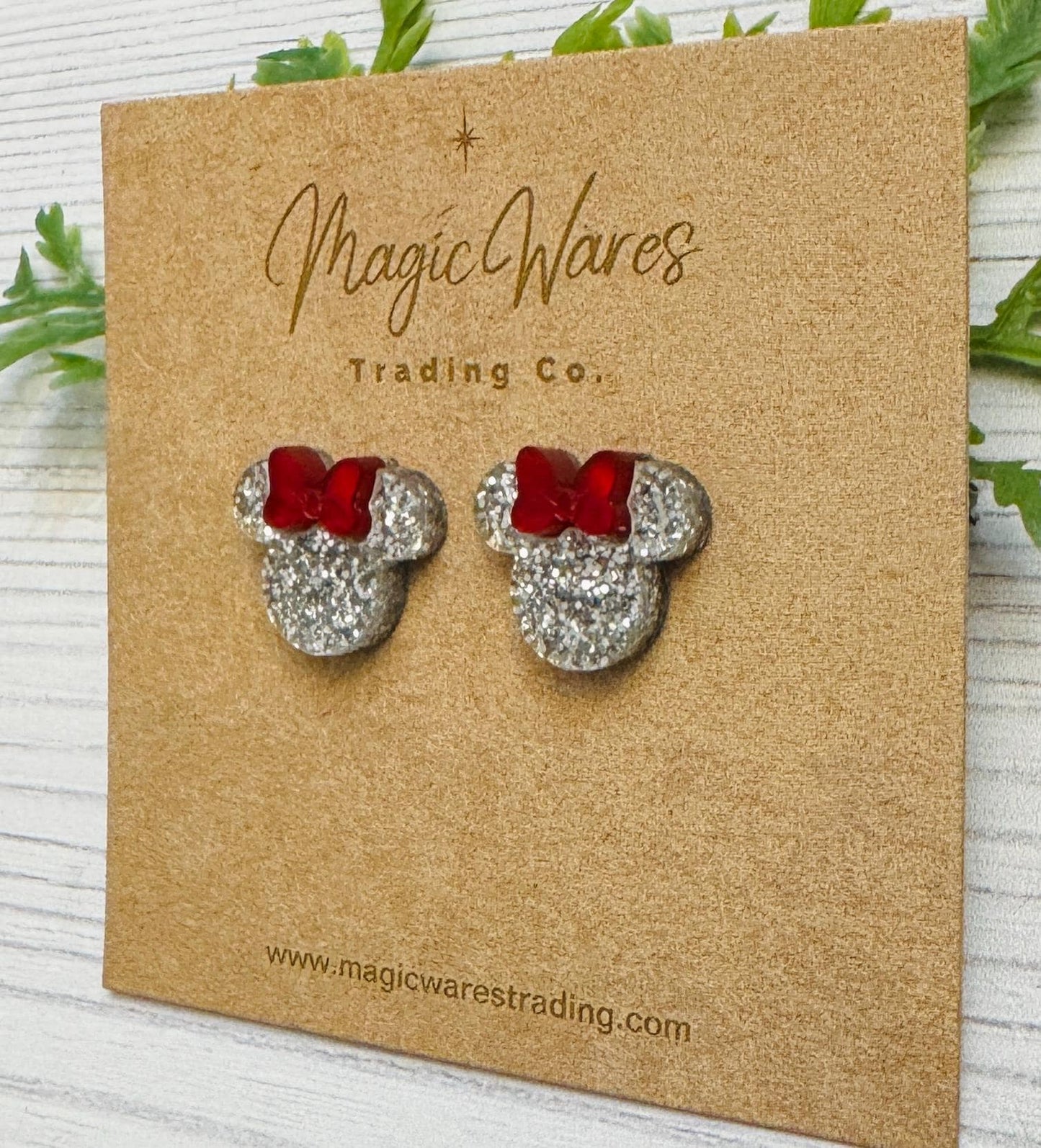 Silver Glitter Stud Earrings with Red Marble Bow, Mouse Head Bow Studs, Minnie inspired Post Earrings, Clip ons available