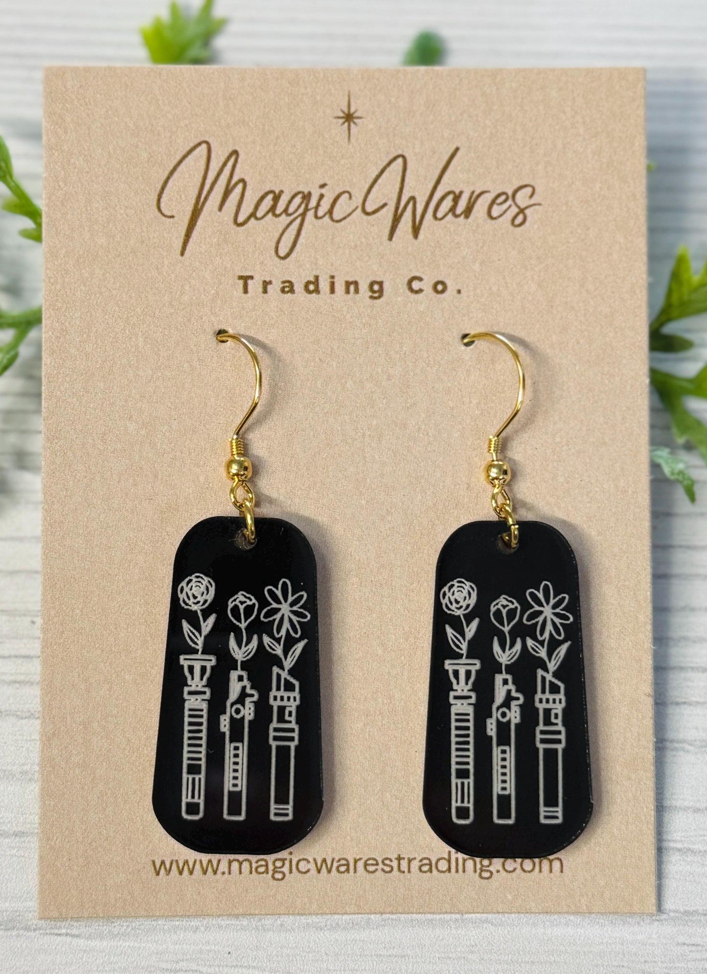 Floral Lightsabers Dangle Earrings, Laser Engraved Acrylic Dangle Earrings, Black engraved Lightsaber acrylic earrings, Star Wars inspired