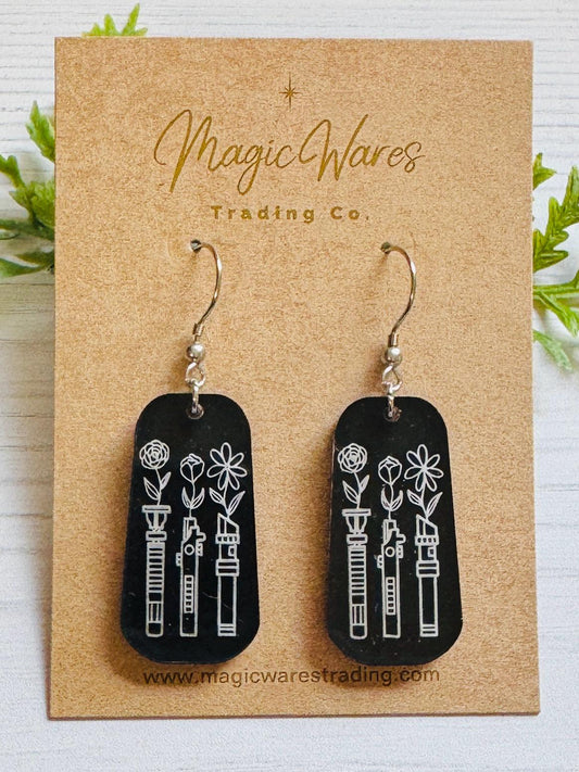 Floral Lightsabers Dangle Earrings, Laser Engraved Acrylic Dangle Earrings, Black engraved Lightsaber acrylic earrings, Star Wars inspired