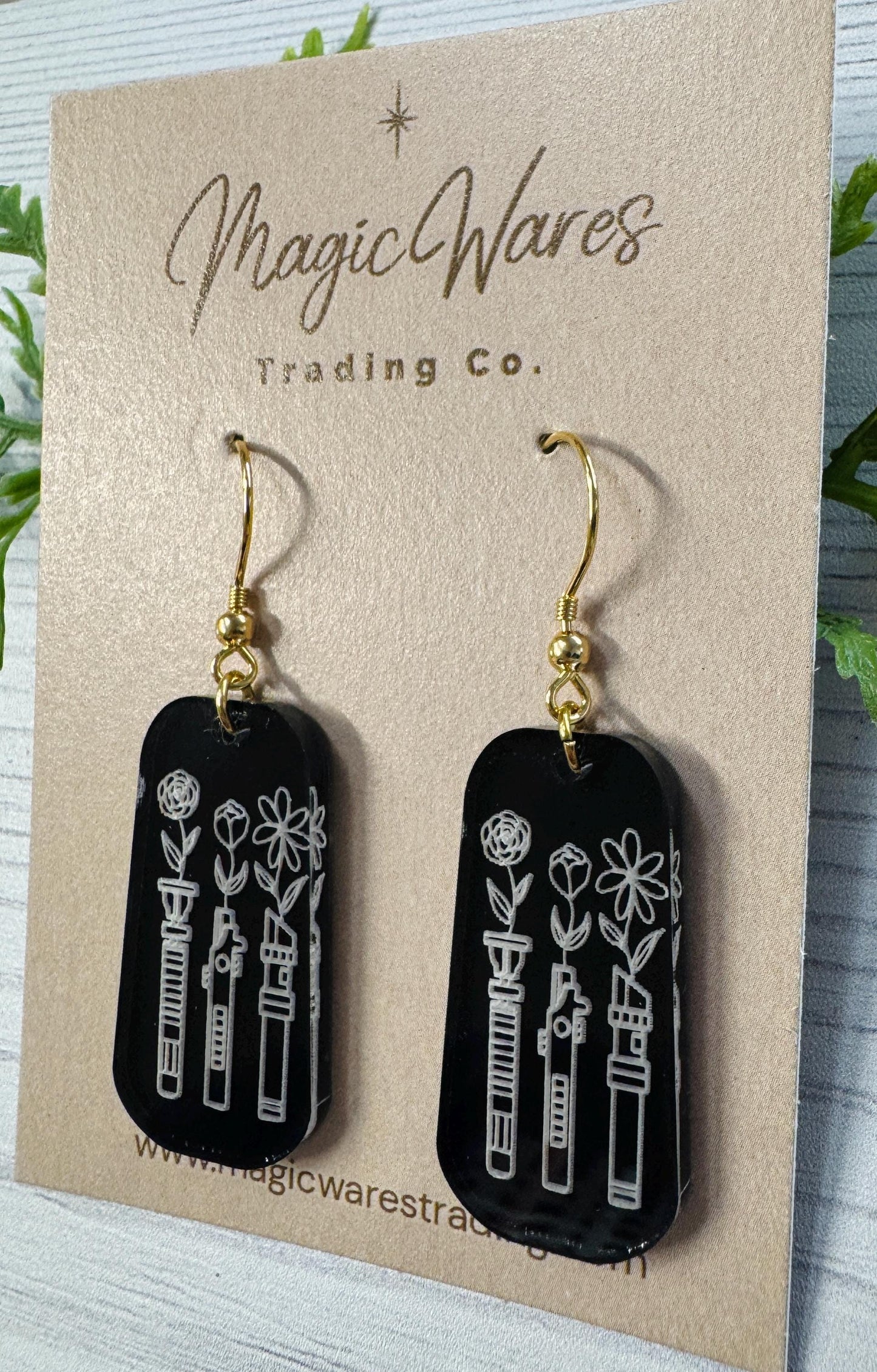 Floral Lightsabers Dangle Earrings, Laser Engraved Acrylic Dangle Earrings, Black engraved Lightsaber acrylic earrings, Star Wars inspired