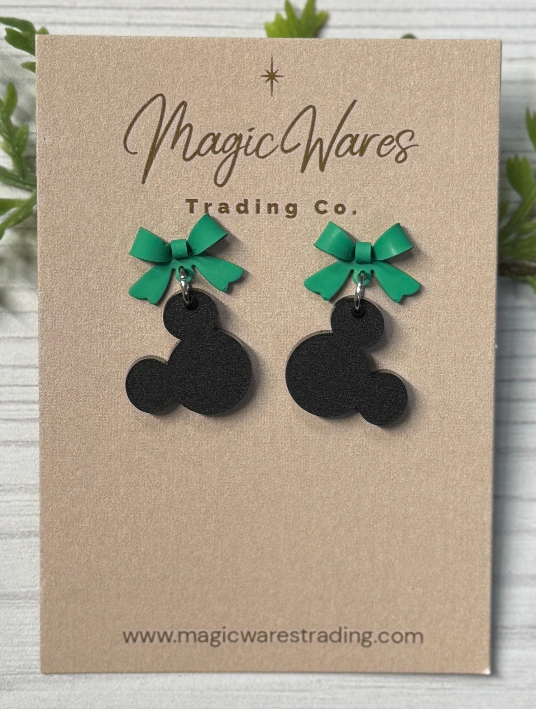 Kelly Green Bow with Black Mouse Head Dangle Earrings, Laser Cut Acrylic and Stainless Steel Stud Earrings, Minnie inspired earrings
